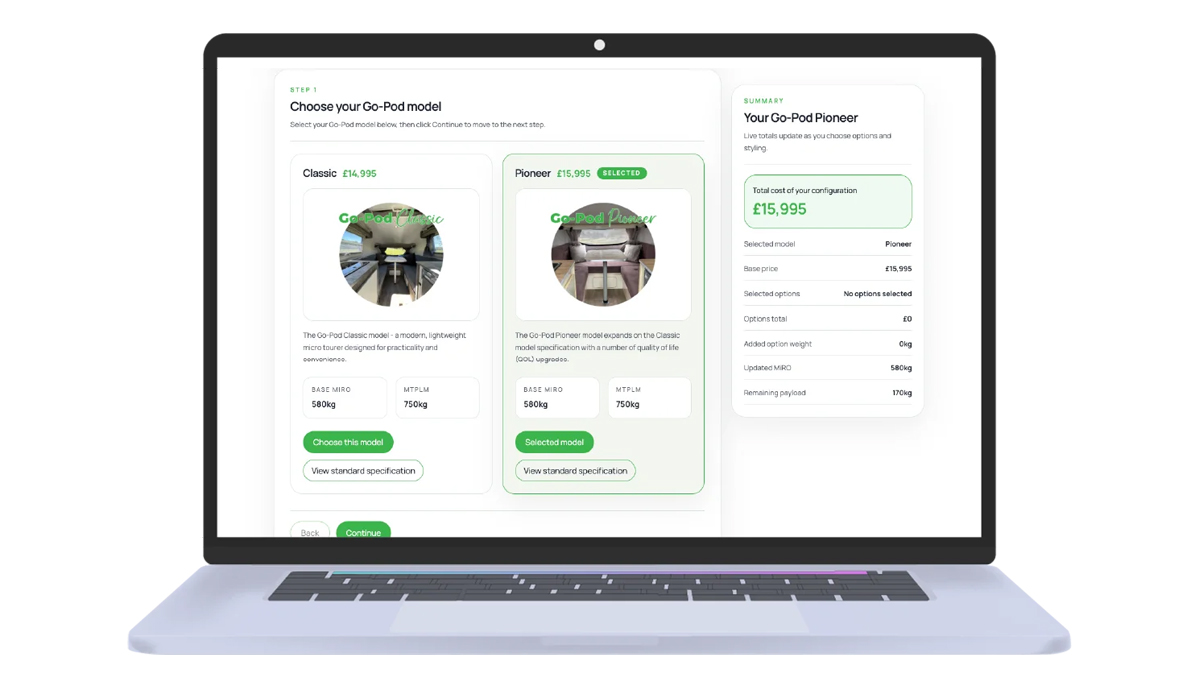 Go-Pods configurator displayed on a laptop