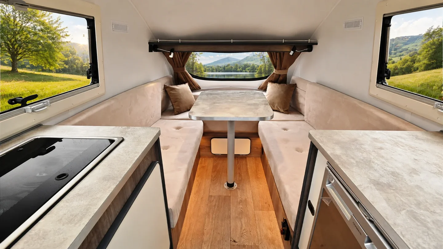 Illustrative lounge view with seating, table and side windows