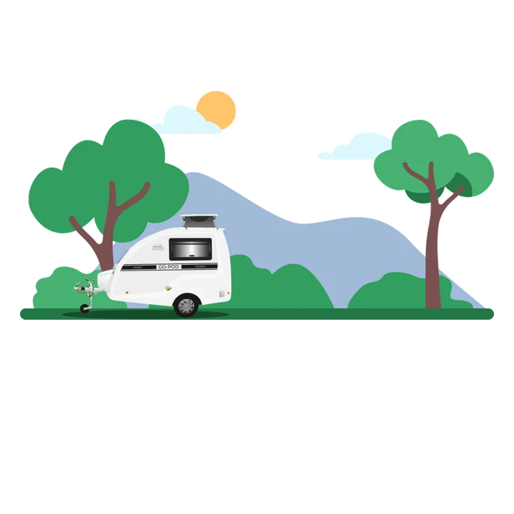 Go-Pod illustration in a landscaped campsite