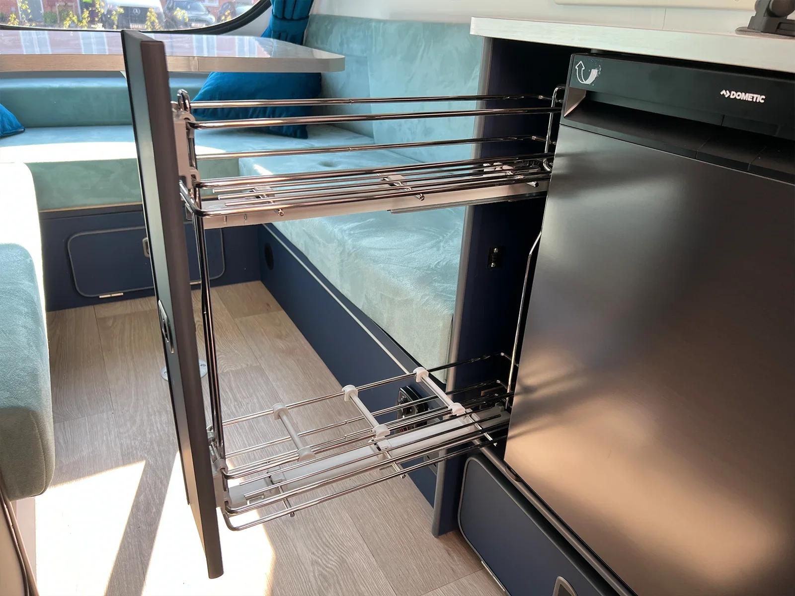 Front-opening fridge and pantry storage in a Go-Pod