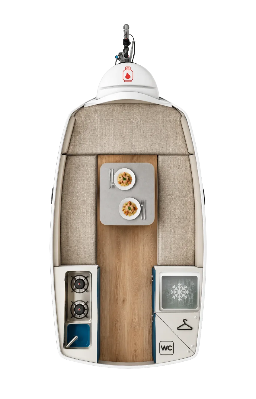Top-down day layout of the Go-Pod interior