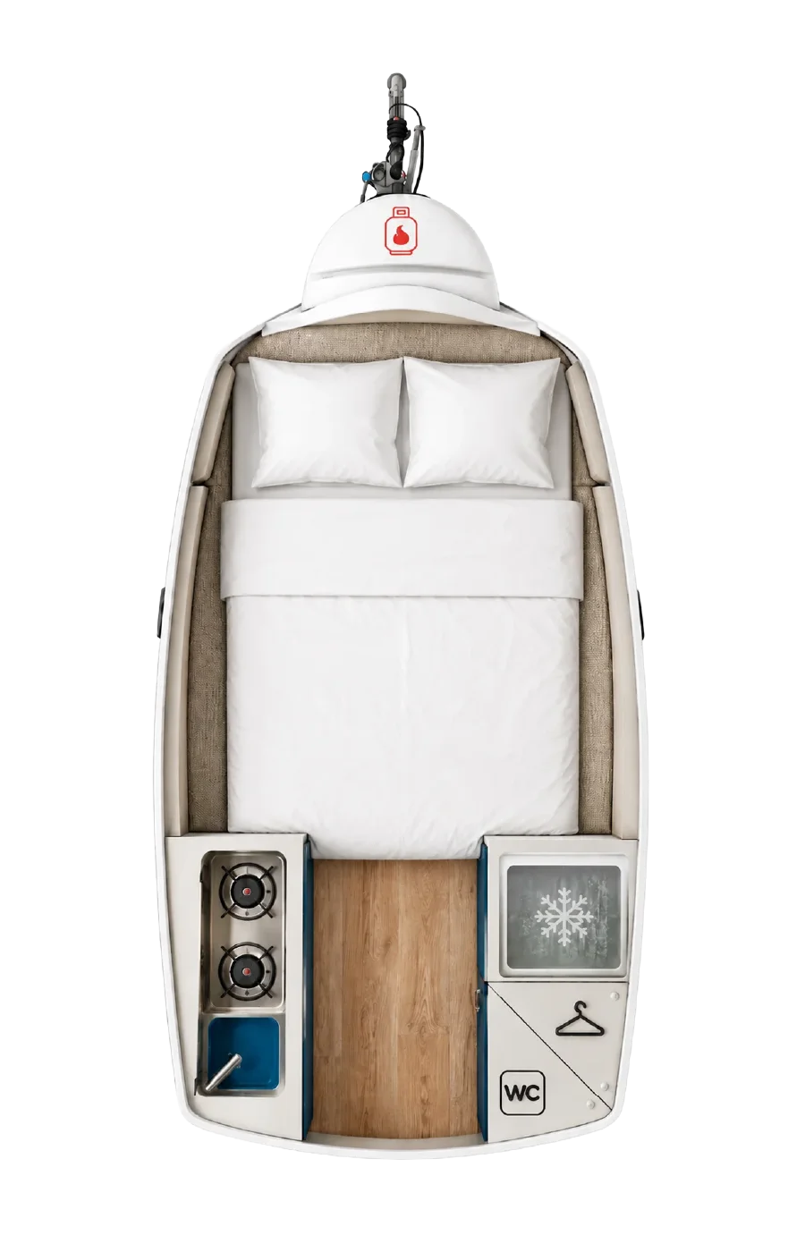 Top-down bed layout of the Go-Pod interior